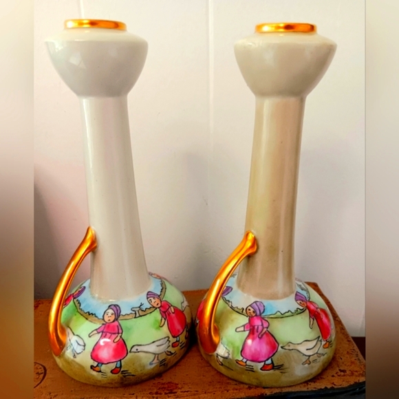 Limoges Other - William Guerin Limoges Geese Dutch Girls Candlestick Holders Hand Painted